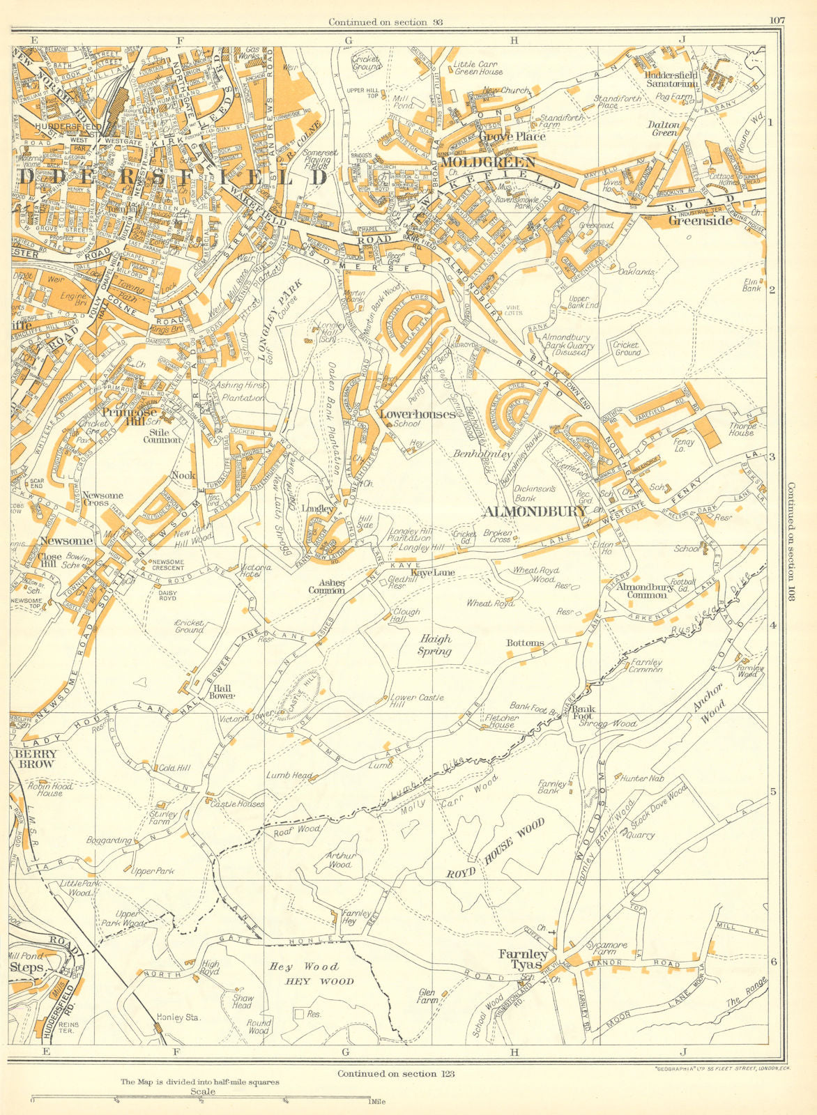 HUDDERSFIELD Almondbury Farnley Tyas Lowerhouses Moldgreen Hall Bower 1935 map